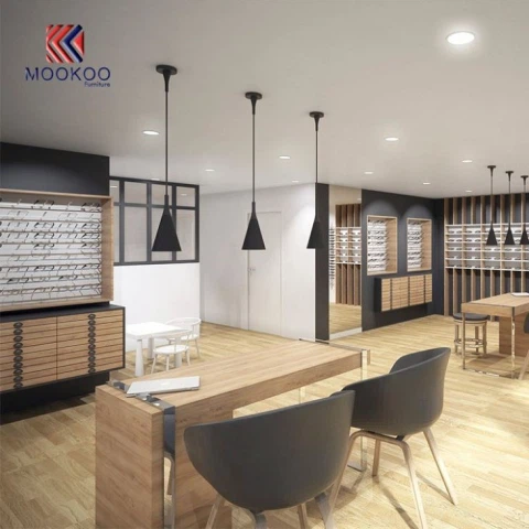 Optisen myymälän sisustusseinähyllyn huonekalusuunnittelu